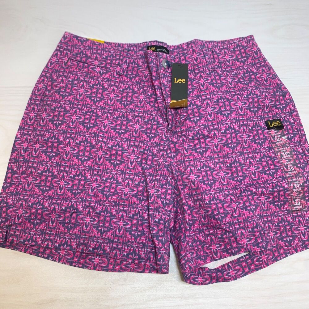 Lee Shorts Bermuda Straight Fit Mid Rise Pink‎ Floral Cotton Stretch Size 10